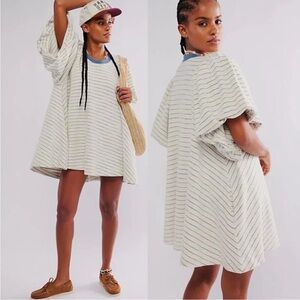 Free People Cream Striped Mini Dress with Blue Trim